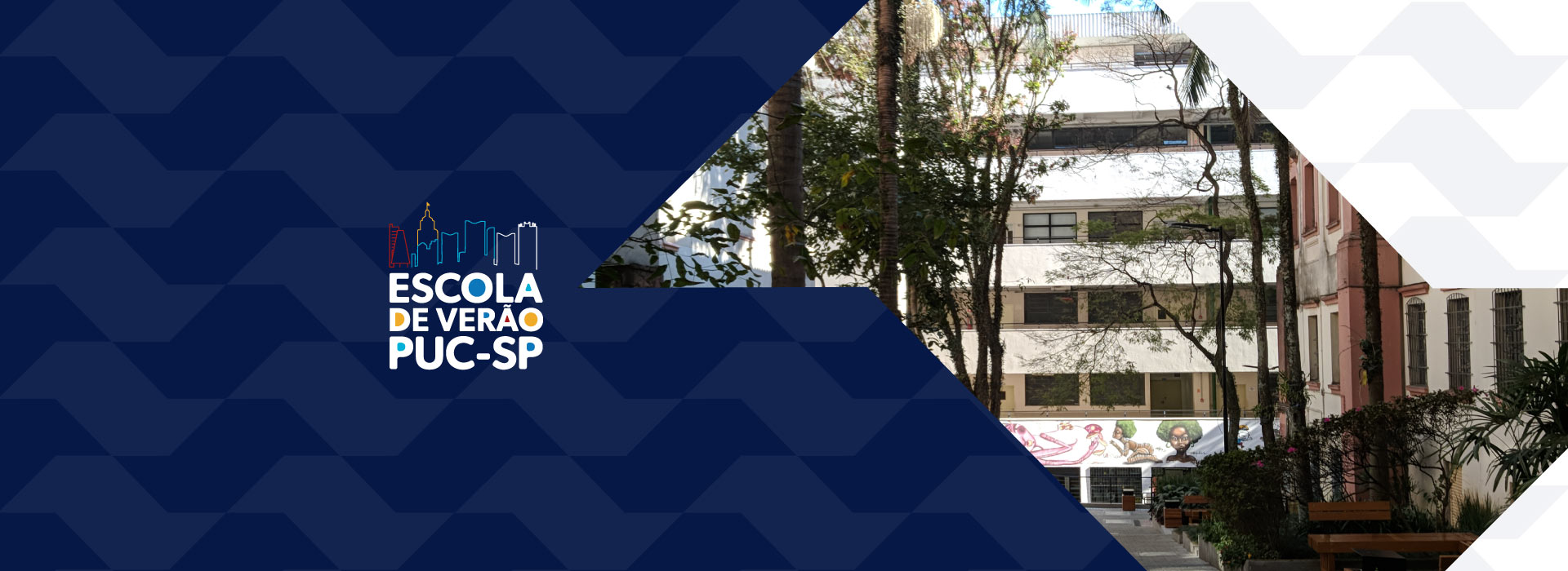Imagem ilustrativa com o logo do projeto escola de verão e imagem do campus Monte Alegre da PUC-SP