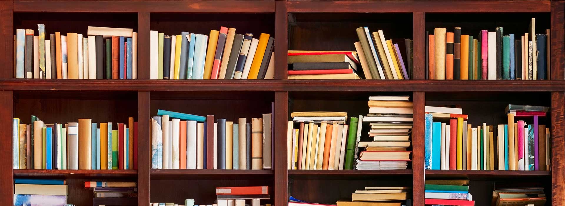 Imagem de uma estante de madeira com diversos livros