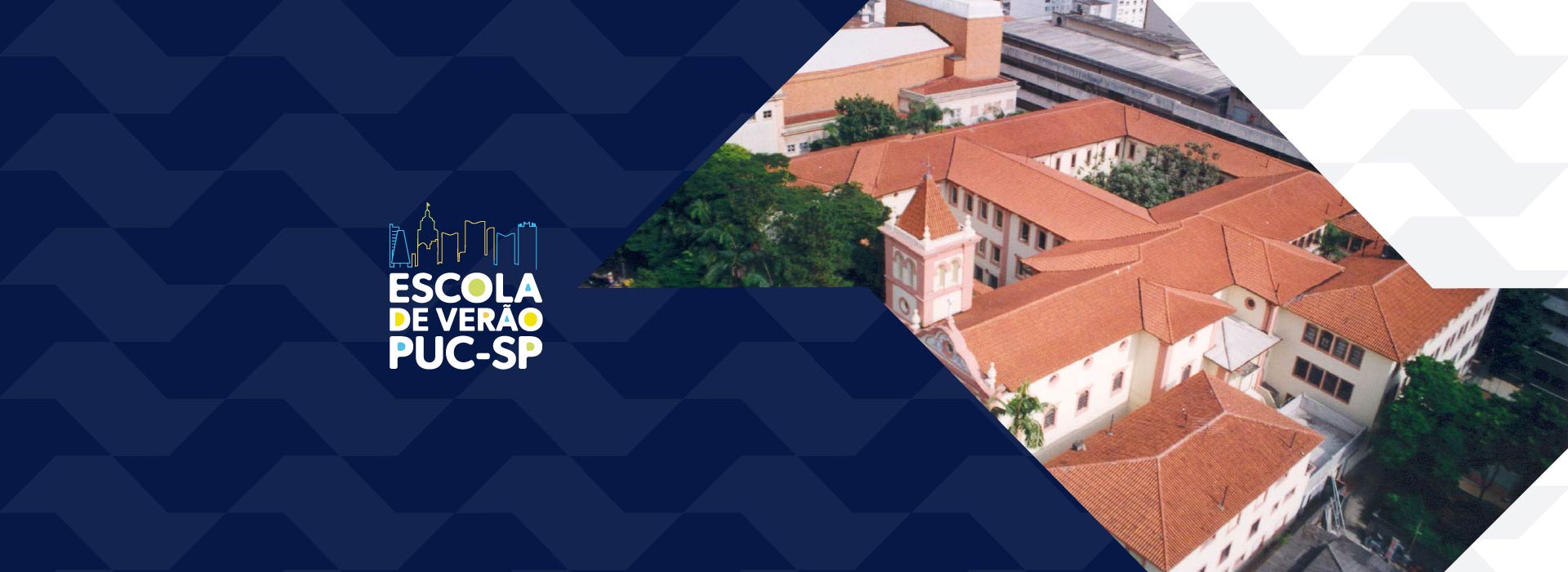Imagem ilustrativa com o logo do projeto escola de verão e imagem do campus Monte Alegre da PUC-SP