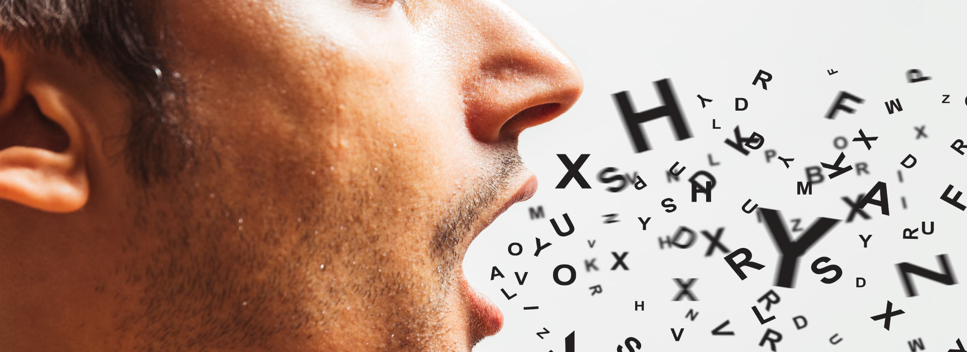Imagem de uma pessoa com boca aberta e letras saindo de dentro da boca