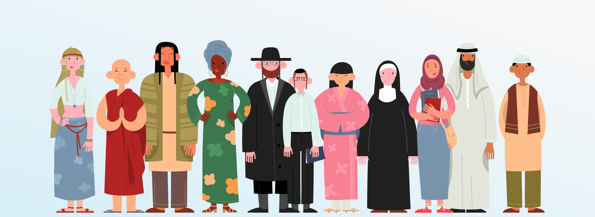 Imagem em desenho de pessoas de diversas culturas e religiões 