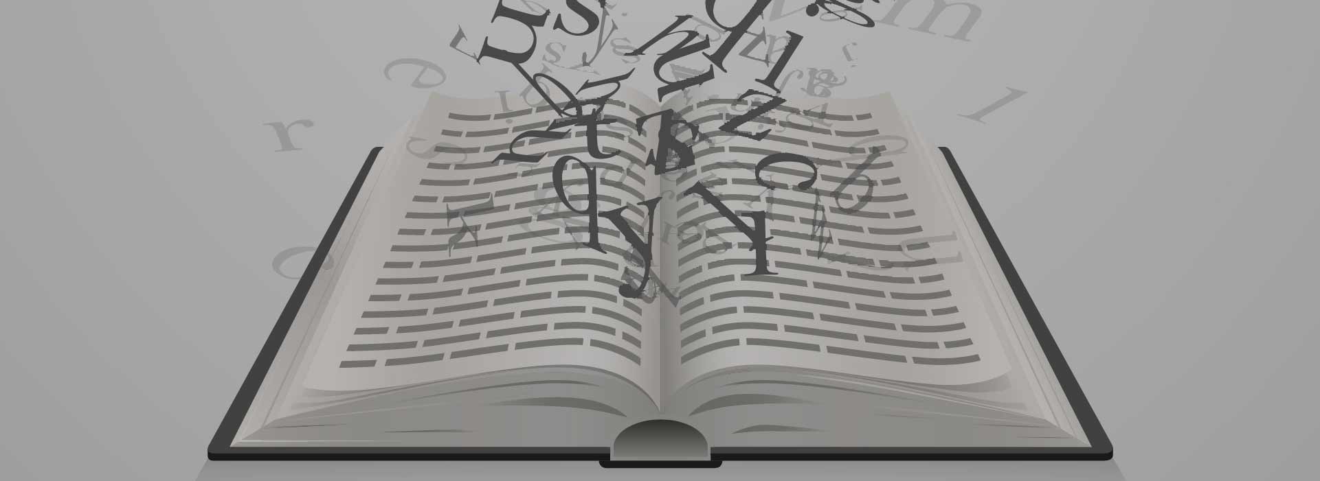 Imagem de um livro com letras saindo e flutuando de dentro dele