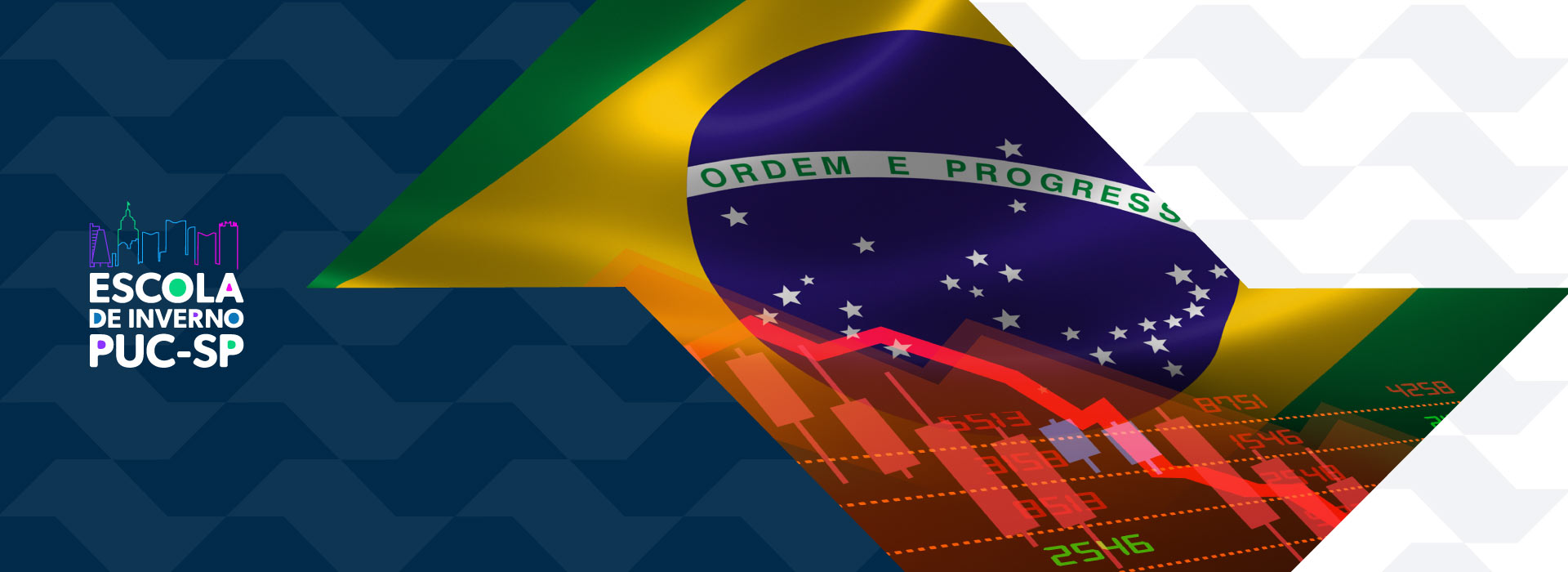 Imagem mostra logo da escola de inverno e montagem fotográfica entre bandeira do brasil e gráfico financeiro