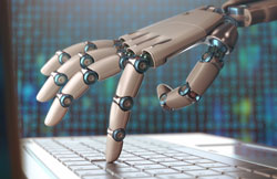 Mão robótica tocando em um teclado