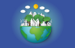 Representação ilustrada do planeta terra, com arvores e prédios. No planeta tem um recorte de papel da silhueta de uma criança correndo segurando um balão