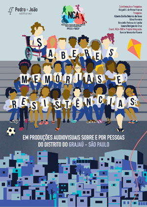 Capa do livro Saberes, memórias e resistências mostra ilustração de crianças segurando placas com o nome do livro e ilustração de bairro do grajaú