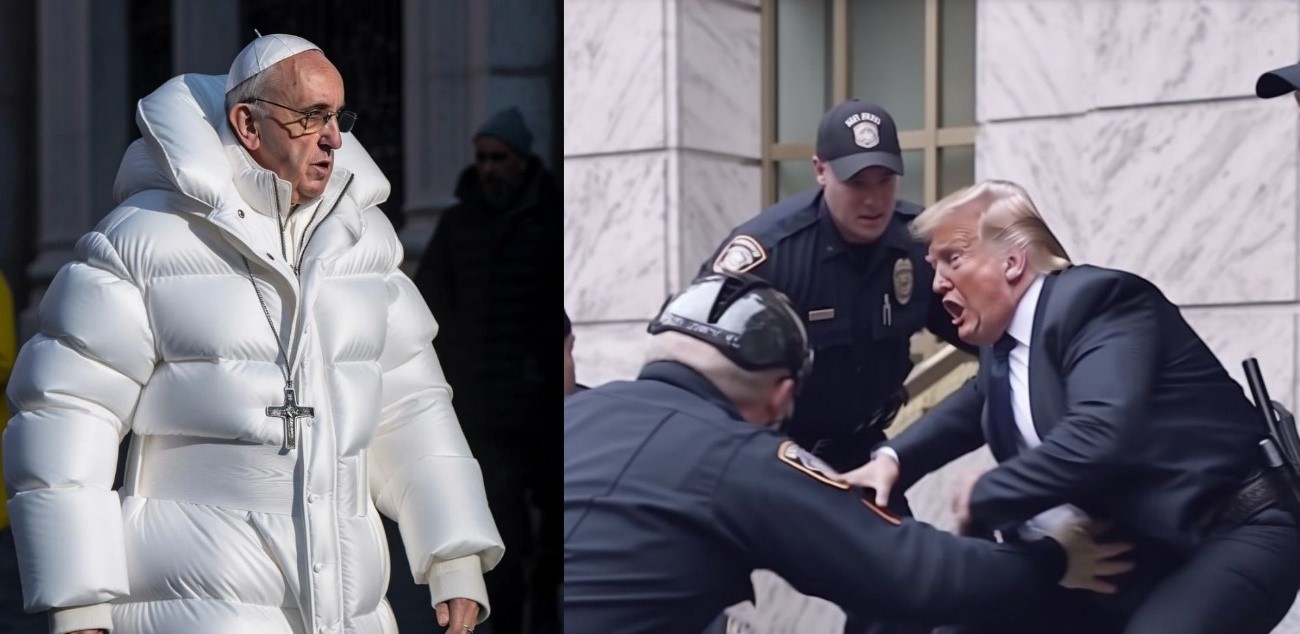 Imagem criada por Inteligência Artificial mostra Papa usando casaco branco e Ex-Presidente Norte-Americano Donald Trump sendo preso.