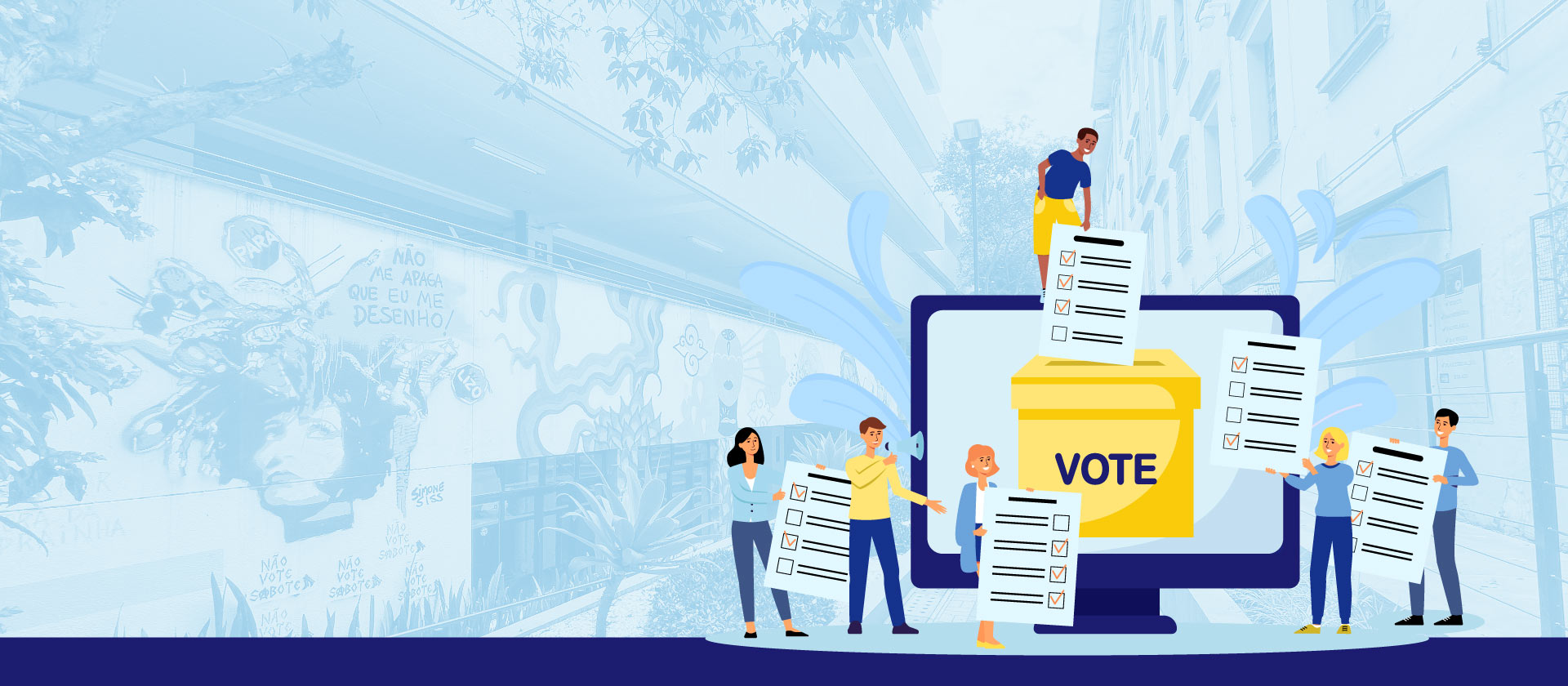 Imagem ilustrativa mostra desenho de pessoas colocando votos em uma urna eleitoral.
