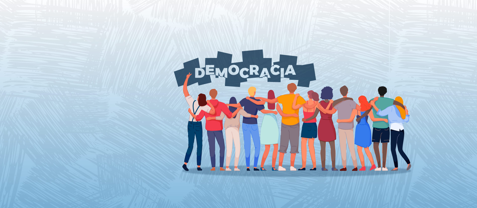 Imagem ilustrativa que mostra varias pessoas de costas olhando para a palavra DEMOCRACIA sob grafismo